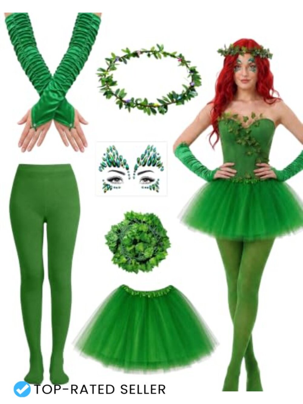 Women's Green Ivy Costume Set 10 Pc Tutu Gloves Tights Mask Cosplay Halloween